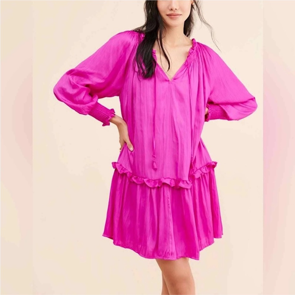 Anthropologie Giulia Tunic Tiered Long Sleeves Ruffled Hot Pink Dress Size S